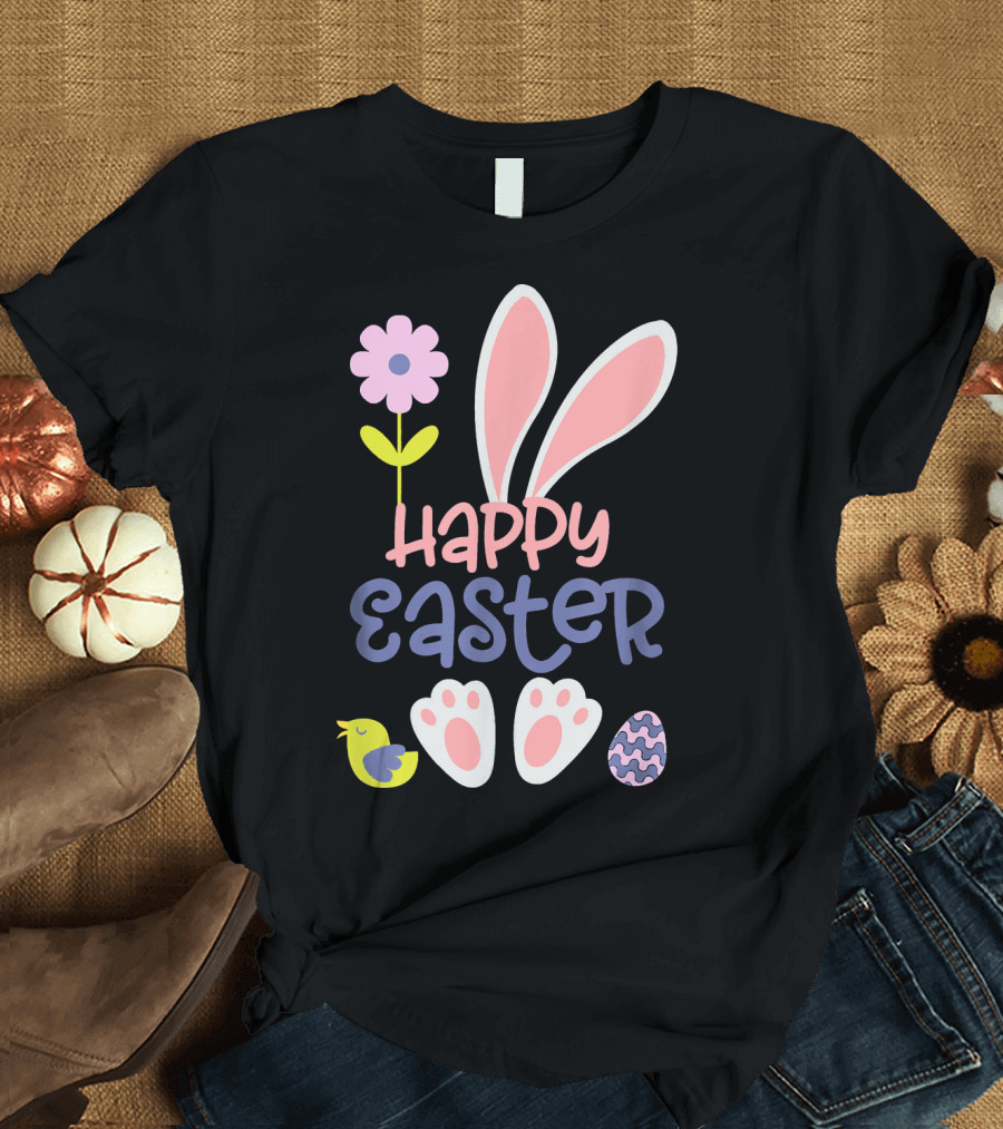 Happy Easter Bunny Ears Flower Eggs and Chick T-Shirt