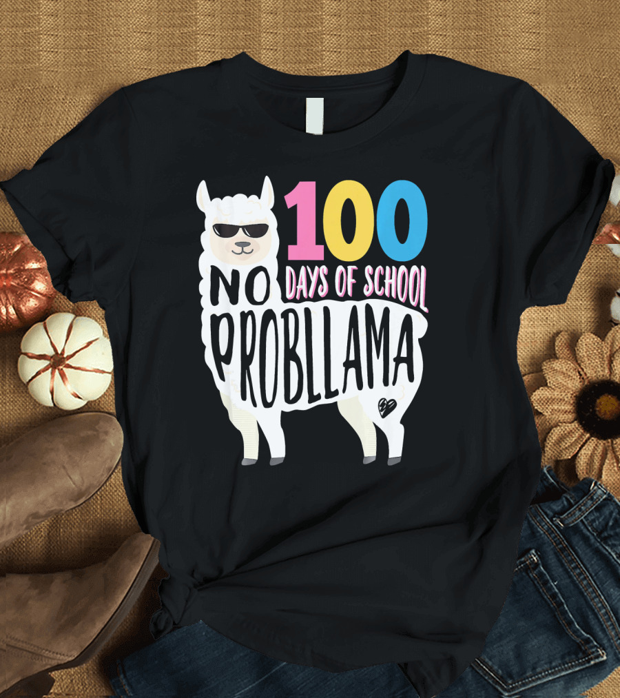 100 Days Of School No Probllama Llama with Sunglasses T-Shirt