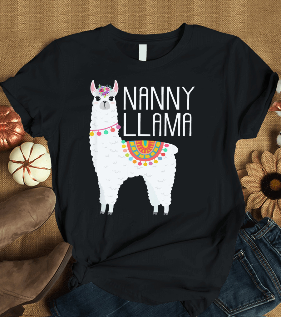 Nanny Llama Festive Fun with Colorful Saddle and Floral Crown T-Shirt