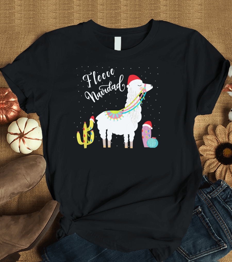 Fleece Navidad Funny Cute Llama in Festive Santa Hat with Cacti T-Shirt