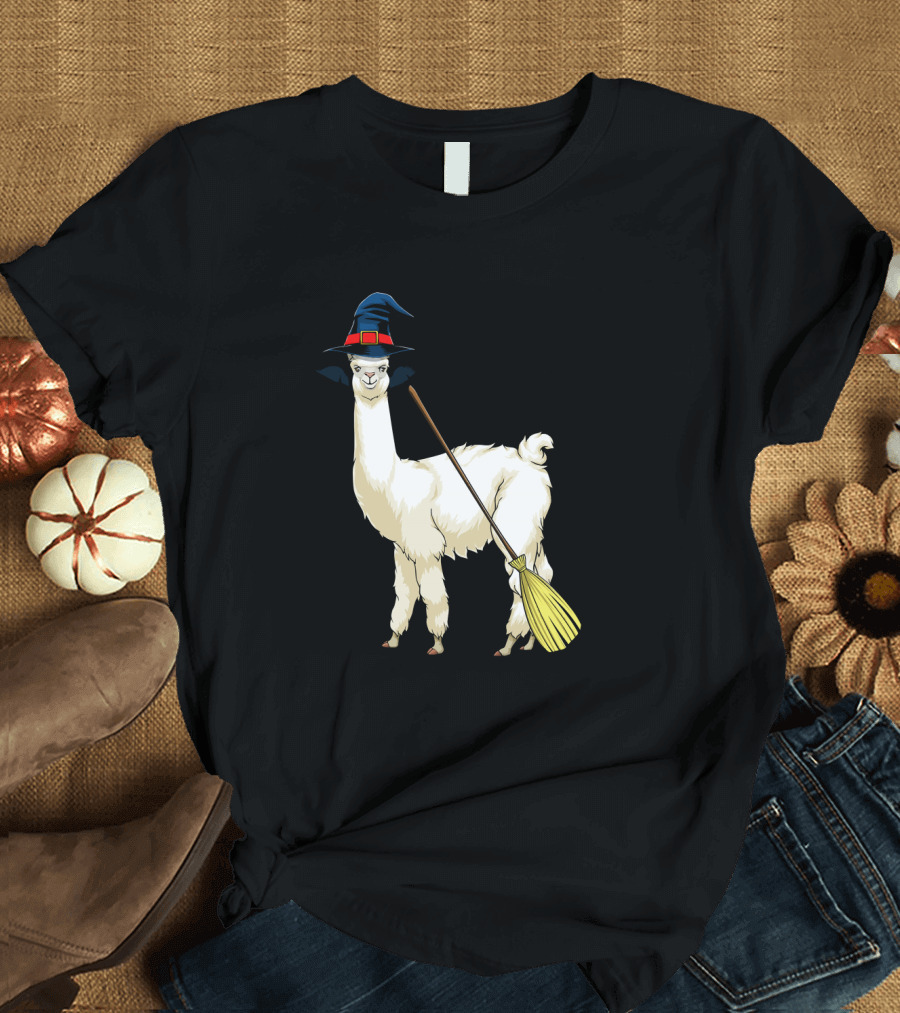Halloween Witch Llama Alpaca With Broomstick T-Shirt