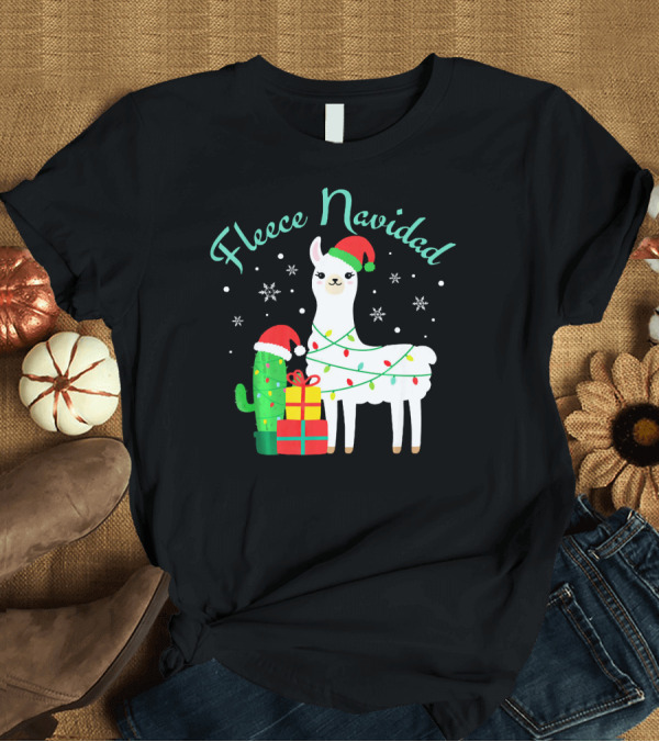 T-Shirt: Fleece Navidad Funny Llama with Santa Hat and Christmas Lights T-Shirt Fleece Navidad Funny Llama with Santa Hat and Christmas Lights T-Shirt