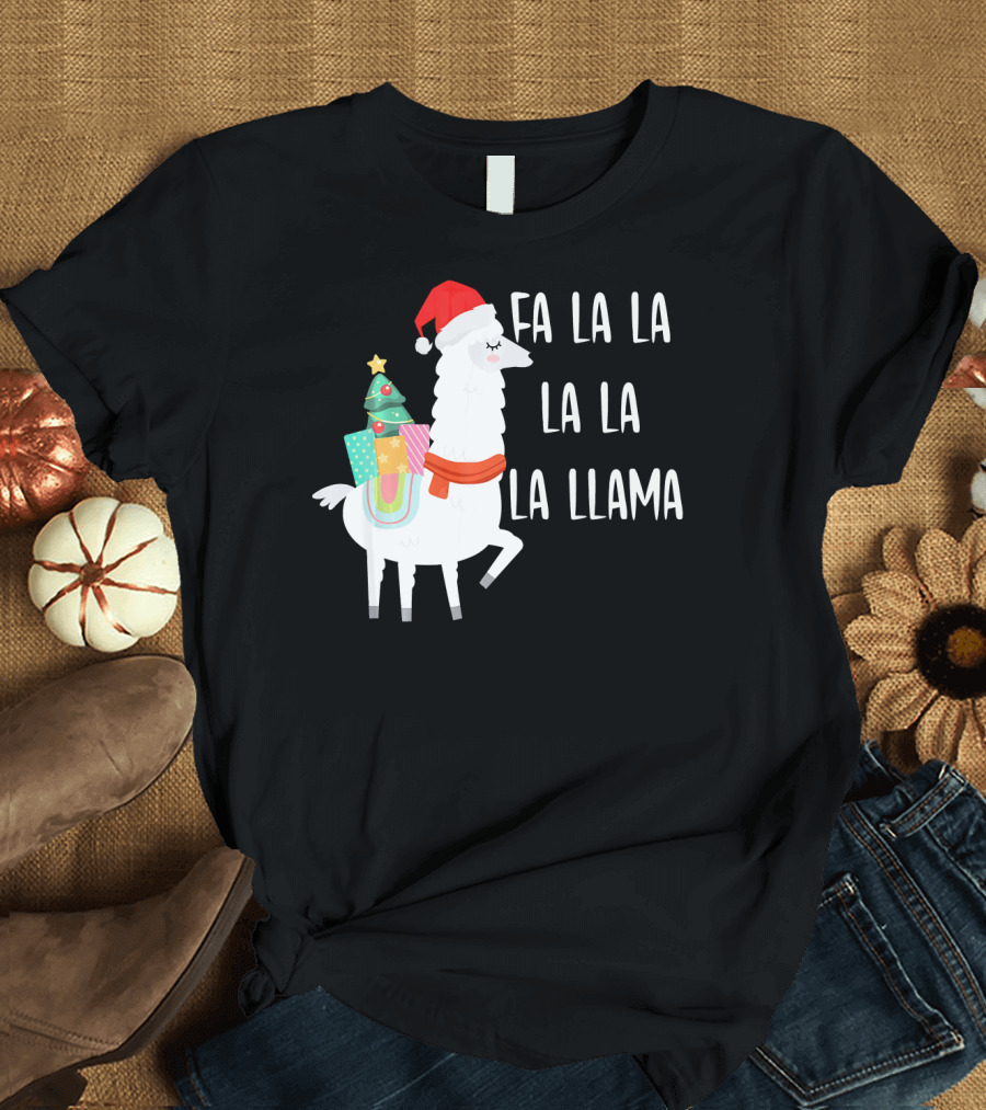 Santa Hat Alpaca Christmas Tree Fa La La La La La Llama T-Shirt