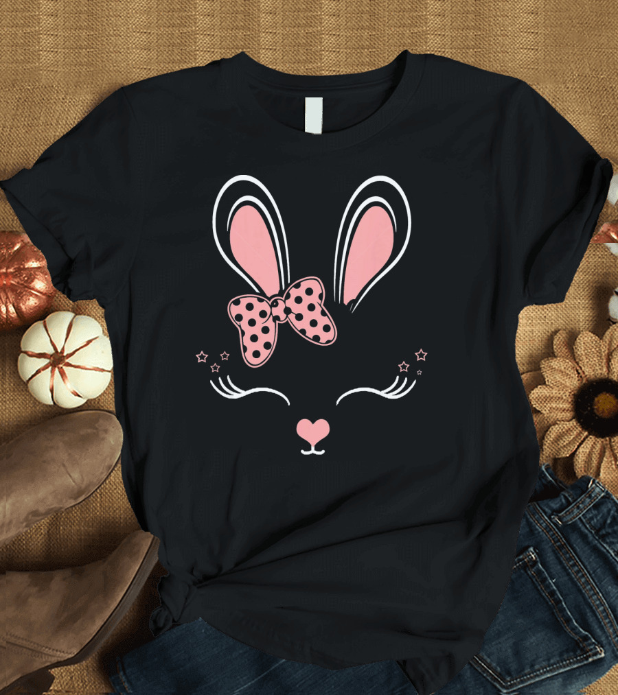 Easter Bunny Face Rabb Cute Pink Bow Ears and Stars T-Shirt