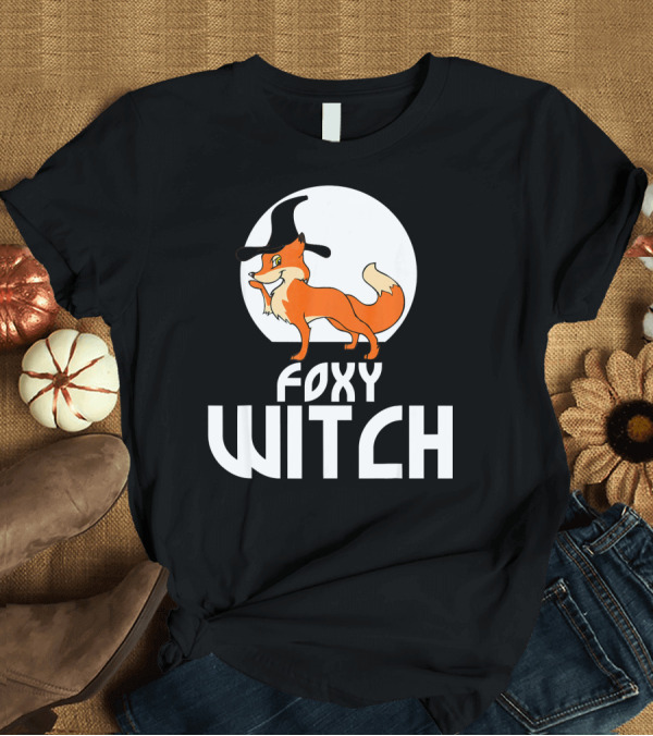 T-Shirt: Foxy Witch Funny Fox Wearing A Witch Hat Moon Background T-Shirt Foxy Witch Funny Fox Wearing A Witch Hat Moon Background T-Shirt