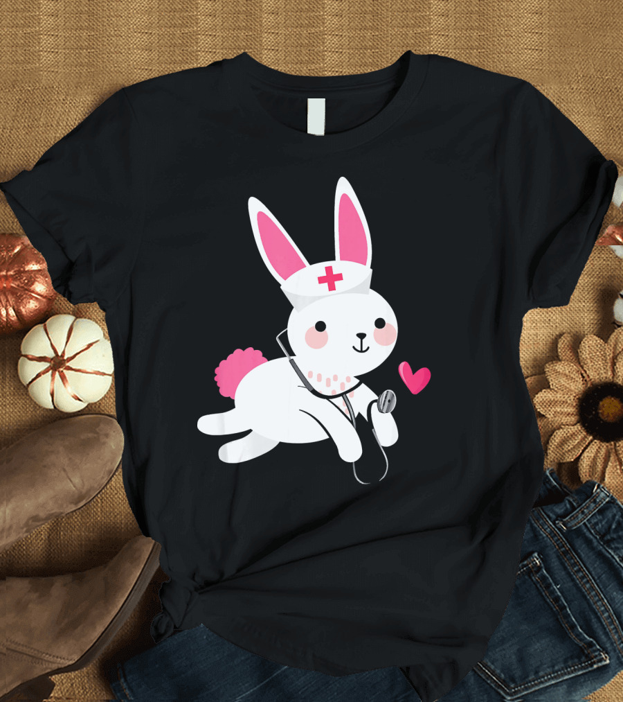 Cute Nurse Bunny Easter Humor Stethoscope and Heart T-Shirt