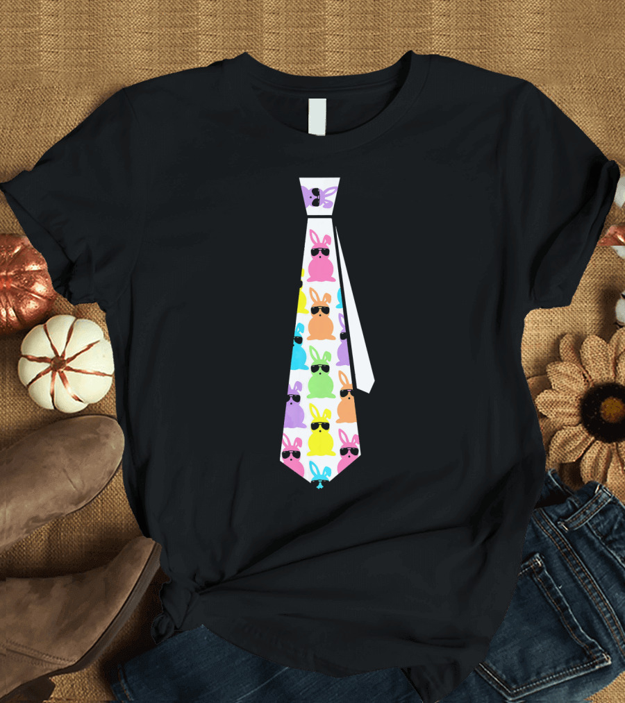 Colorful Cool Sunglasses Easter Bunny Necktie T-Shirt