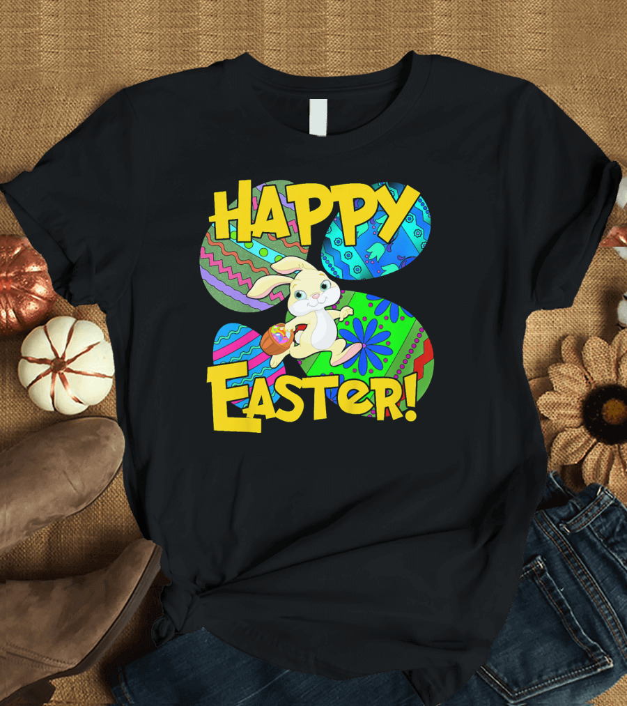 HAPPY EASTER Cool Bunny with Colorful Eggs T-Shirt