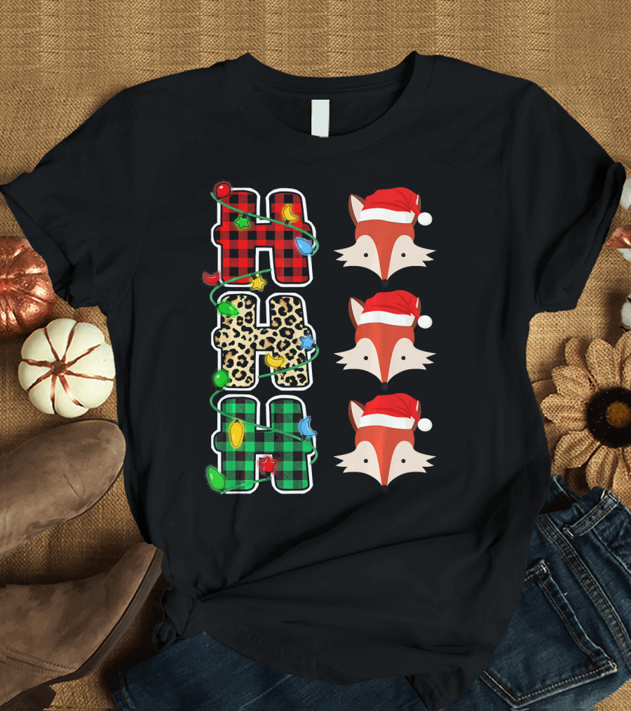 HO HO HO Plaid Leopard Santa Hat Fox Christmas Lights T-Shirt