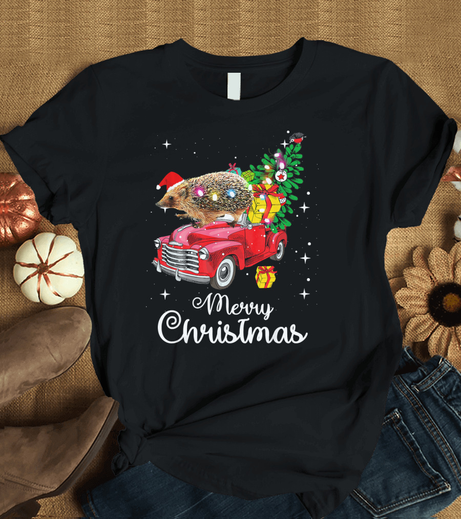 Hedgehog with Santa Hat on Red Truck Merry Christmas with Presents and Lights Pajamas T-Shirt