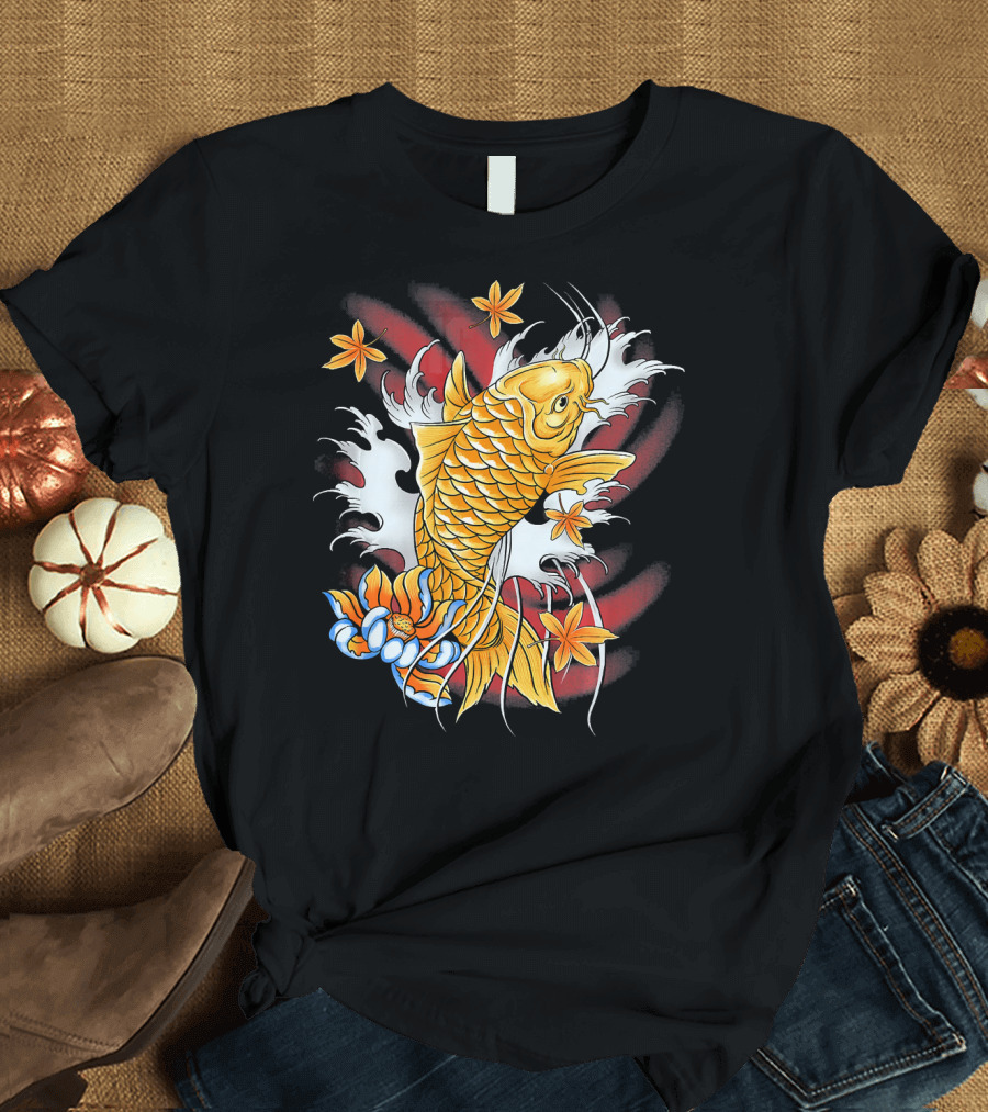 Koi Fish Carp Fisherman with Lotus and Maple Leaves T-Shirt