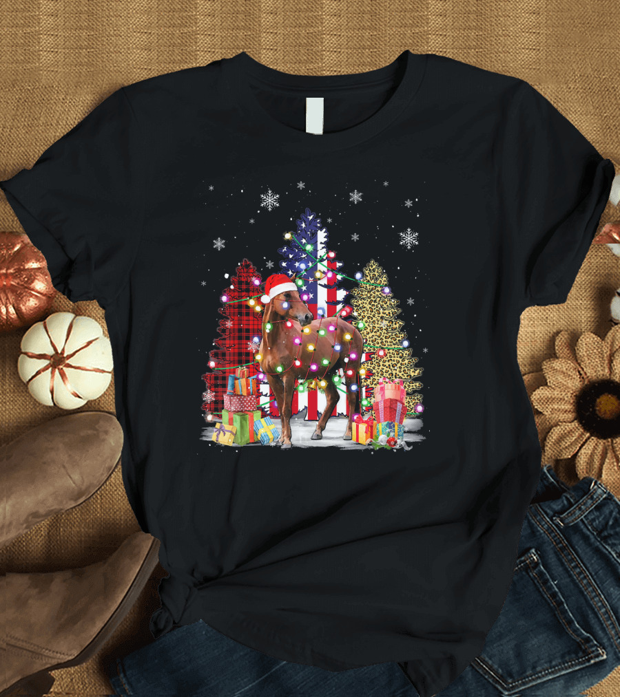Horse in Santa Hat with Christmas Lights and USA Flag Tree T-Shirt