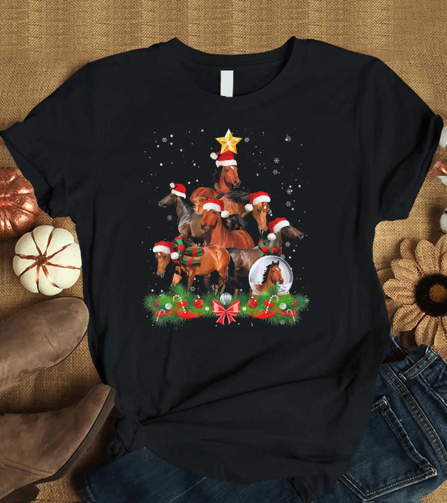 Horse Christmas Tree with Santa Hats and Festive Decorations T-Shirt