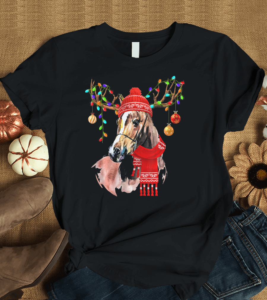 Horse with Red Scarf and Festive Reindeer Antlers with Christmas Lights T-Shirt