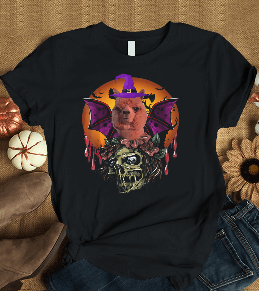 Llama Alpaca Witch Bat Skull Halloween Moon T-Shirt