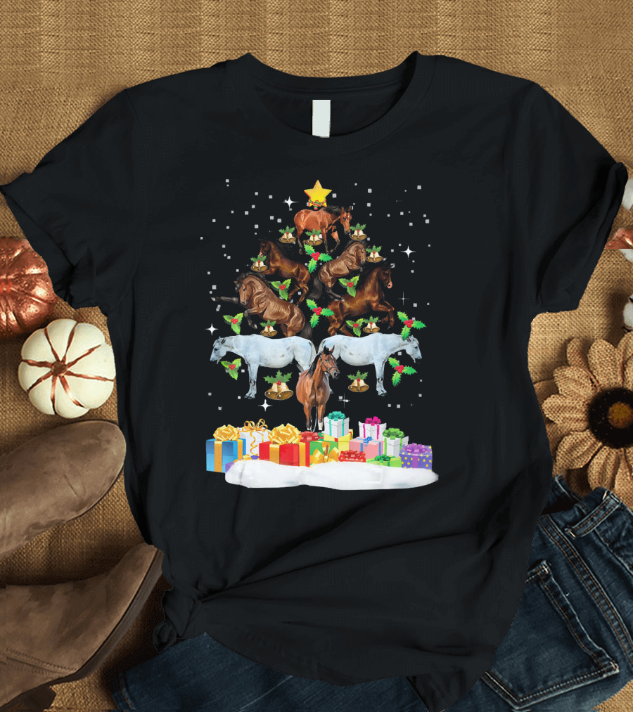Horse Christmas Tree with Holiday Gifts and Star T-Shirt
