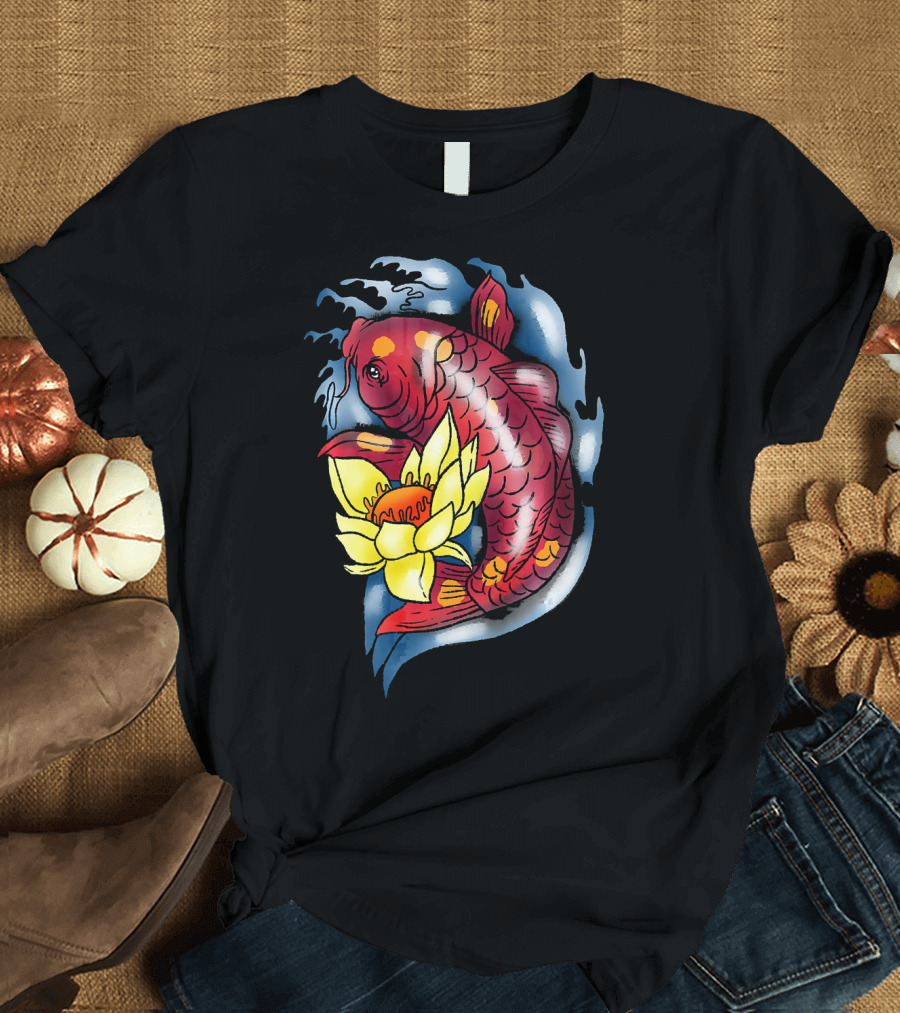 Koi Fish Jinli Japanese Tattoo Art Style with Water and Lotus T-Shirt