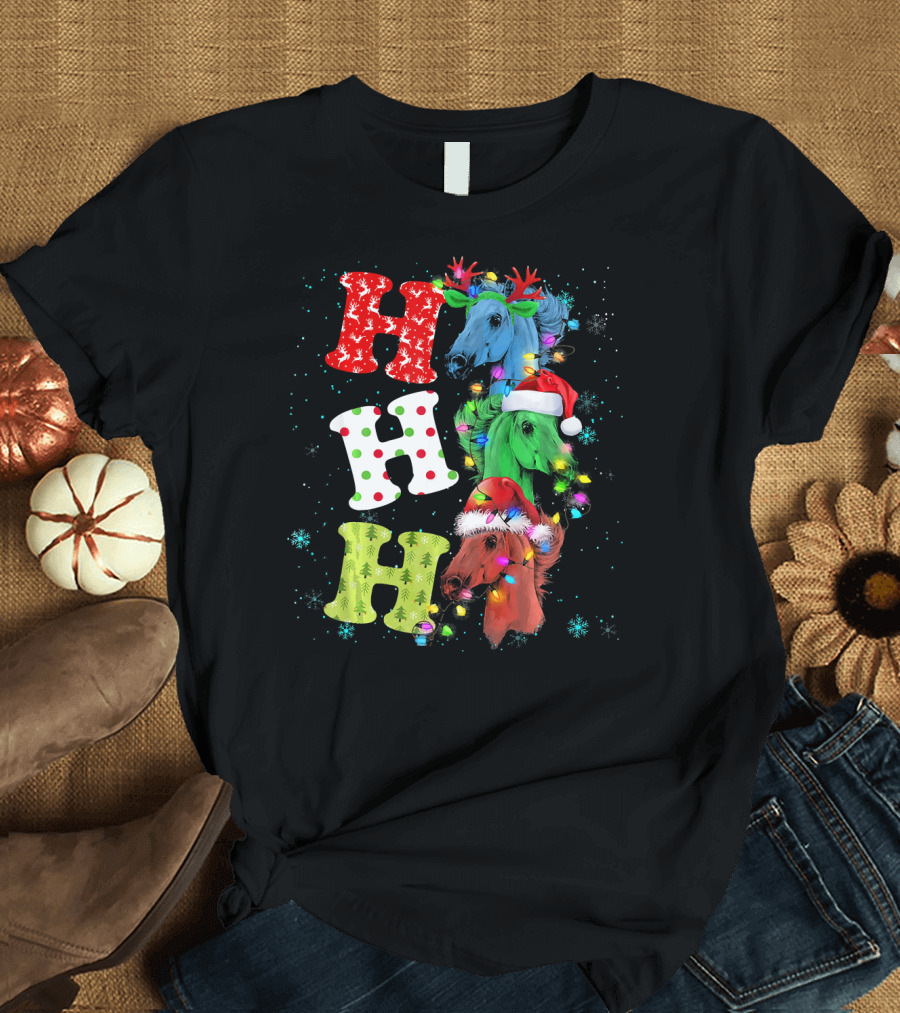 Ho Ho Ho Horse Reindeer Christmas Lights Santa Hat Antlers T-Shirt