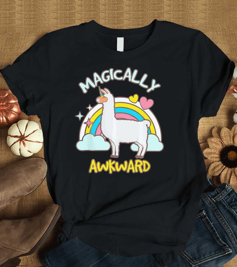Magically Awkward Llama with Rainbow and Hearts T-Shirt
