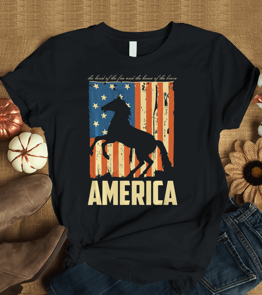 America Horseback Riding Silhouette with Patriotic Flag and Land of the Free Home of the Brave T-Shirt