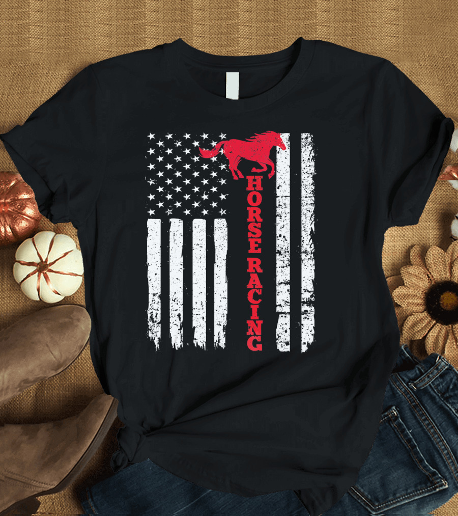 Horse Racing USA American Flag Horse T-Shirt