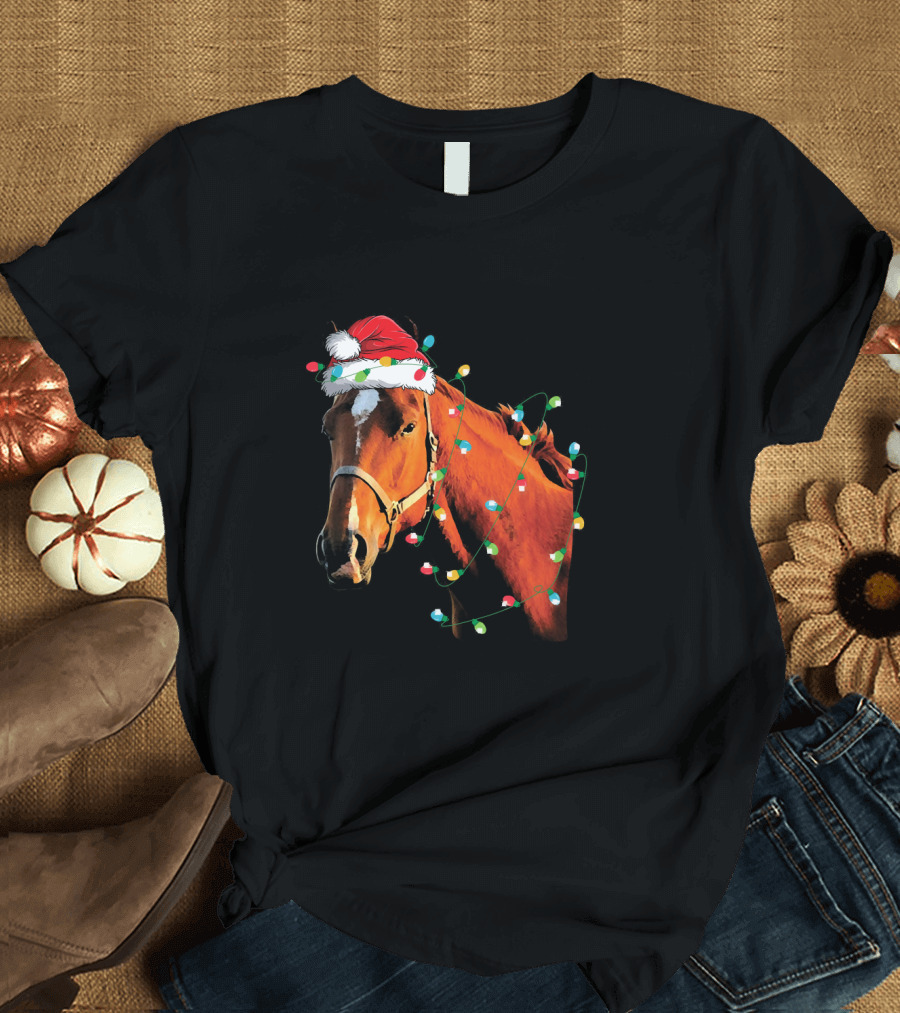 Horse Wearing Santa Hat with Christmas Lights Funny Holiday Horse T-Shirt