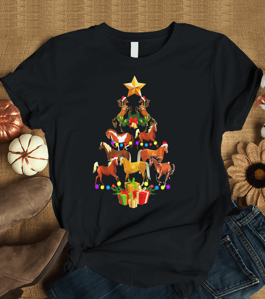 Horse and Star Christmas Tree with Santa Hat Gifts T-Shirt