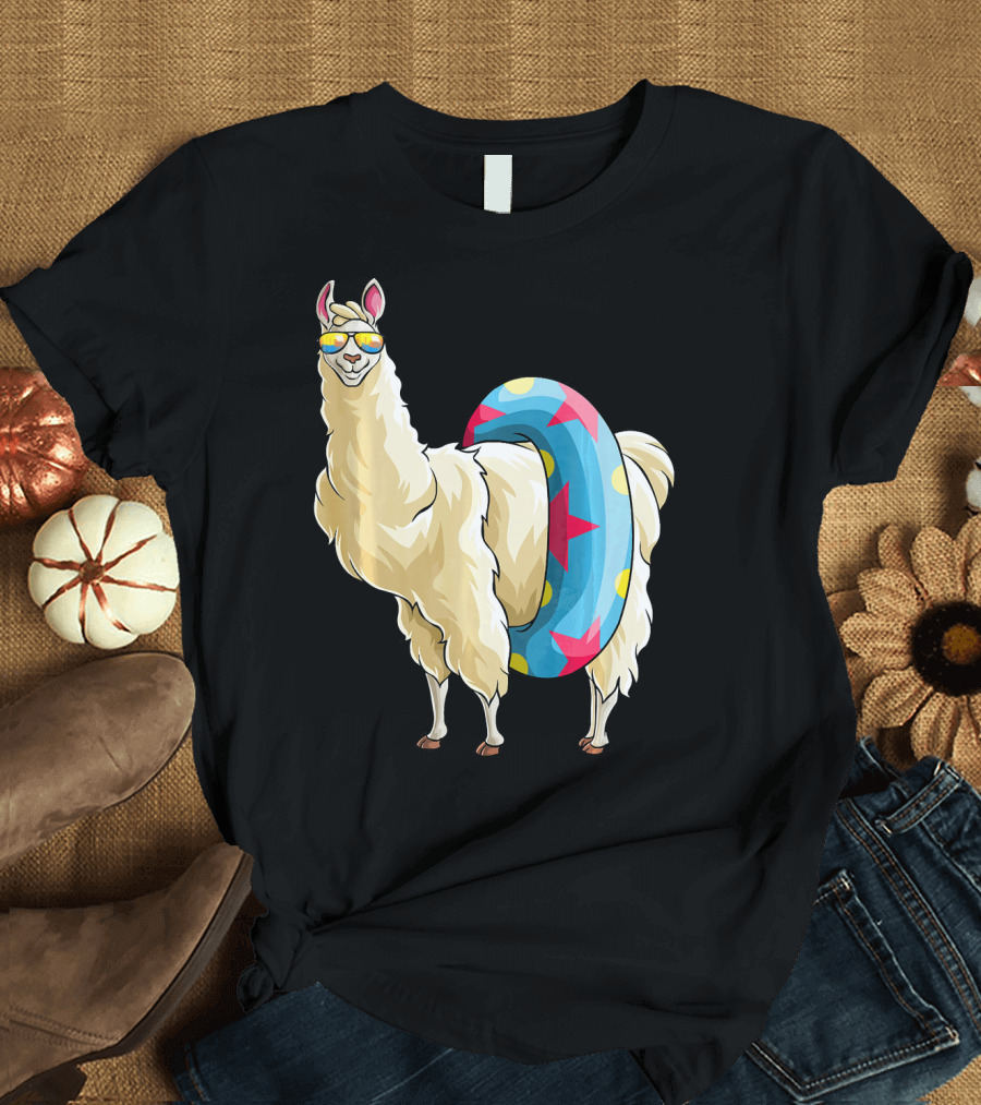 Llama Alpaca Tropical Summer Swimming with Sunglasses and Float Tube T-Shirt