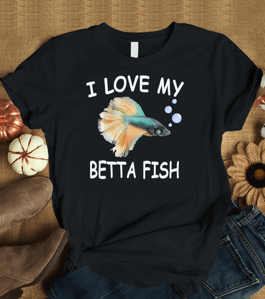 I Love My Betta Fish Pet Lover Graphic Teal Orange Bubbles T-Shirt