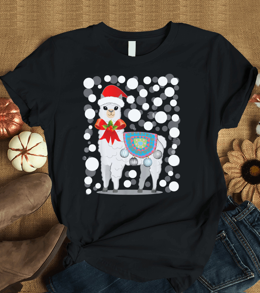 Llama Alpaca Christmas X Mas Santa Hat Festive Ornaments T-Shirt