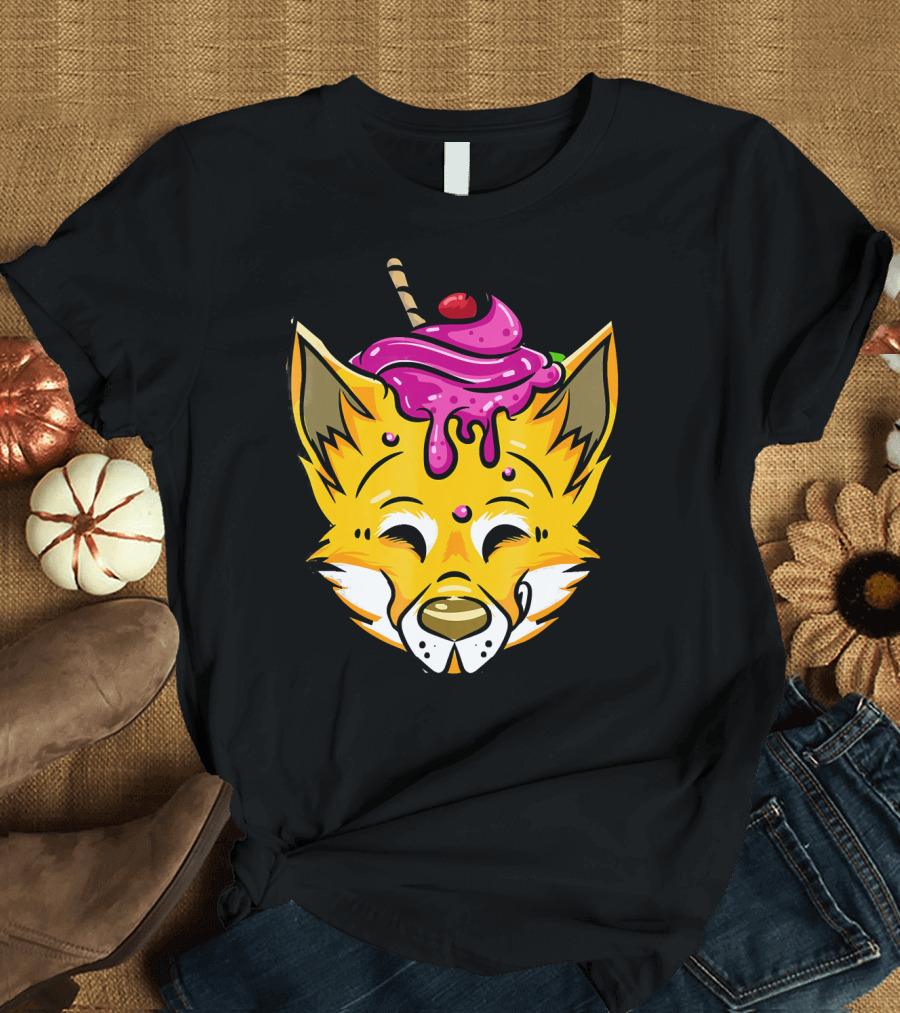 Ice Cream Sundae Fox with Cherry and Sprinkles Wolf Face T-Shirt