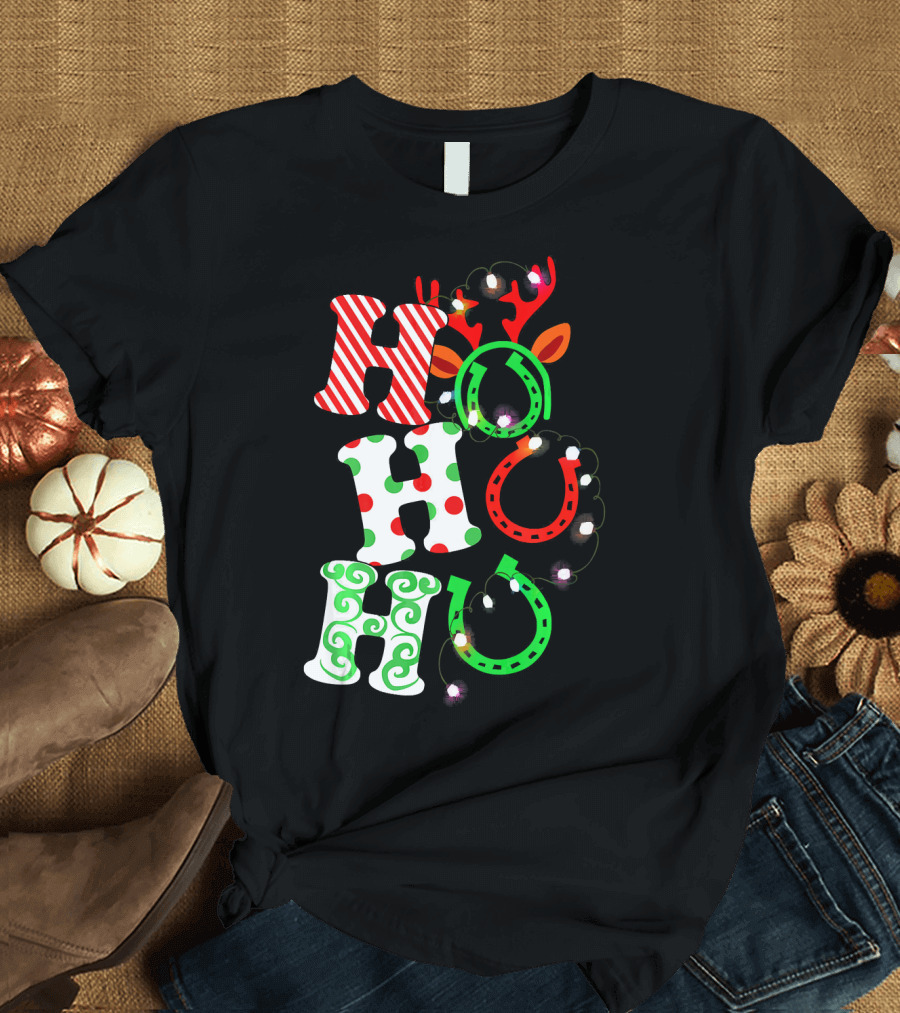 Ho Ho Ho Horse Hoof Funny For Ridin' Christmas Reindeer Light Decoration T-Shirt