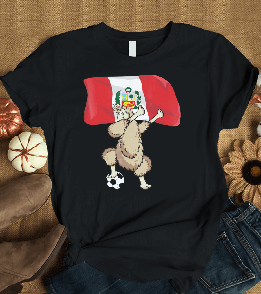 Llama Dabbing Soccer Peru Flag Football T-Shirt