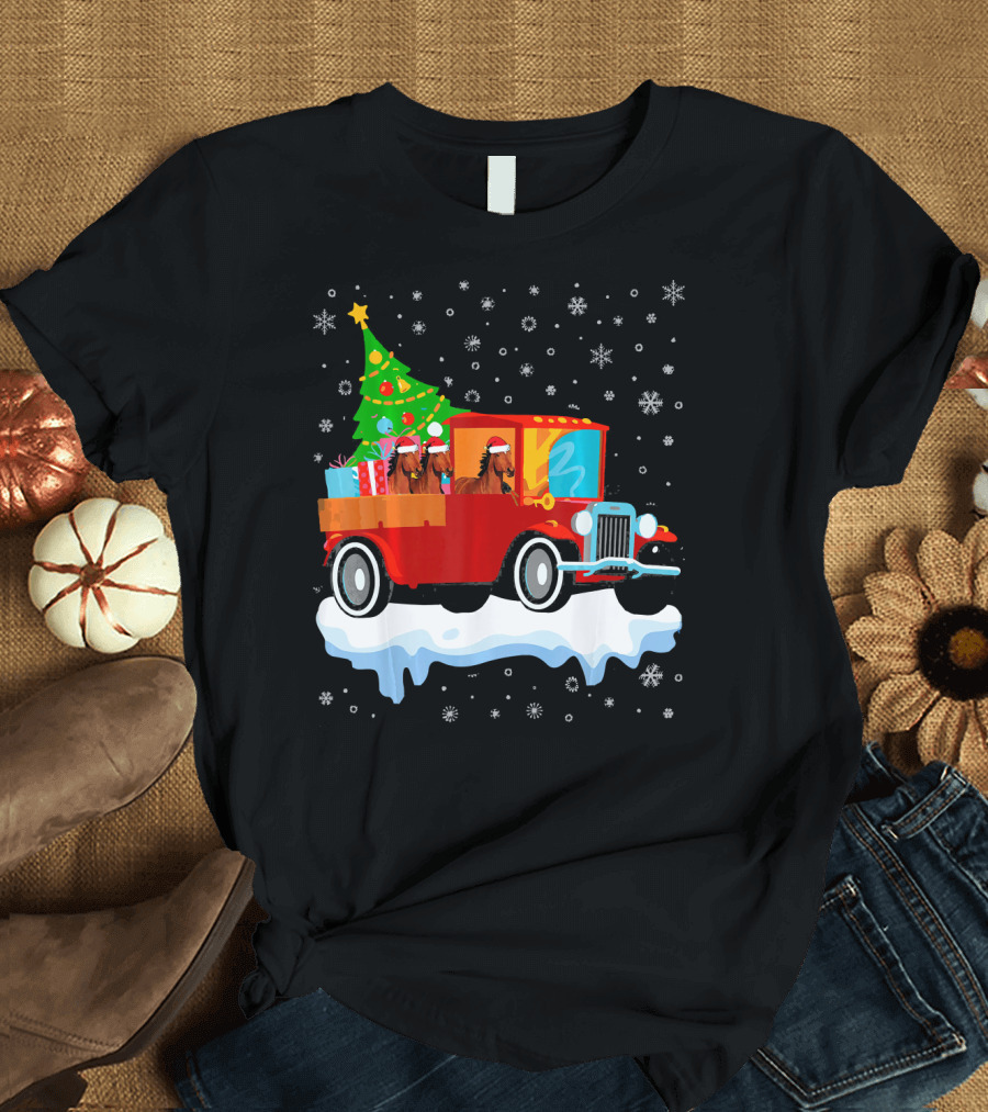 Horse With Santa Hat Christmas Tree Old Truck Merr T-Shirt