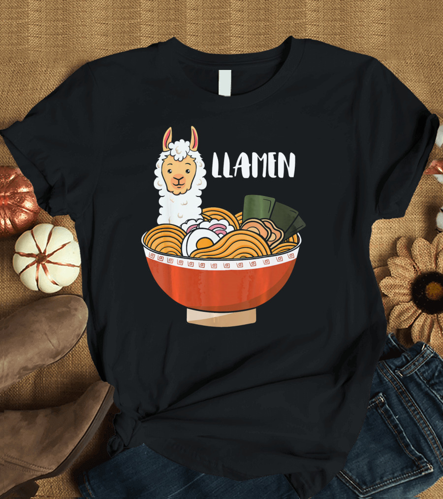 Llamen Ramen Japanese Noodle Llama in Bowl T-Shirt