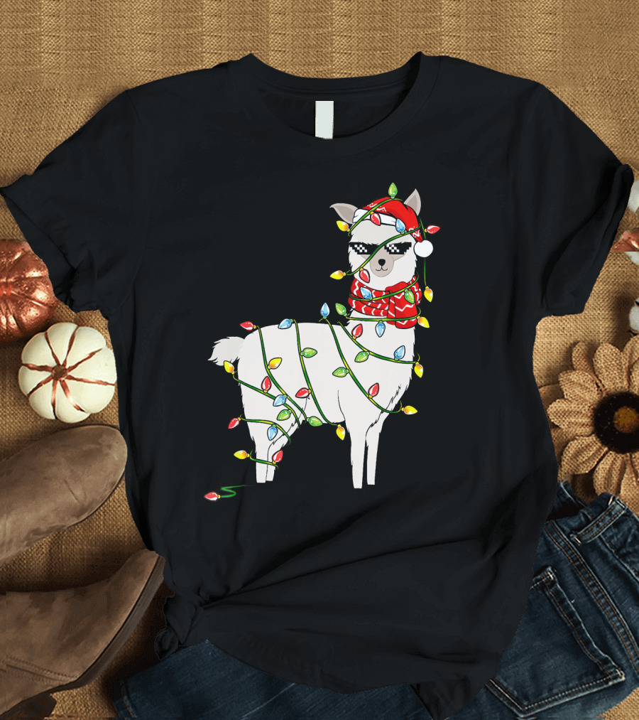 Llama Santa Hat Wrapped in Holiday Lights Christmas Tree T-Shirt