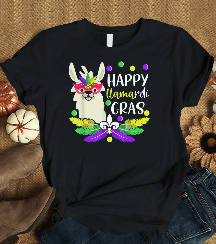 Happy Llamardi Gras Beads Lover Mardi with Mask and Feathers T-Shirt