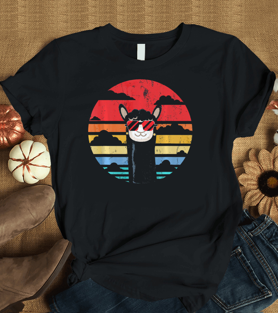 Llama Alpaca Retro Peru Style with Sunglasses in Vintage Sunset Stripes T-Shirt