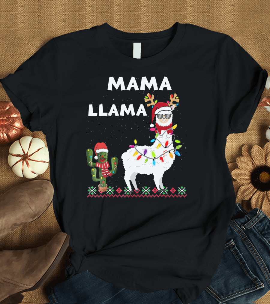 Mama Llama Christmas Family Matching Llama with Lights and Cactus Santa T-Shirt