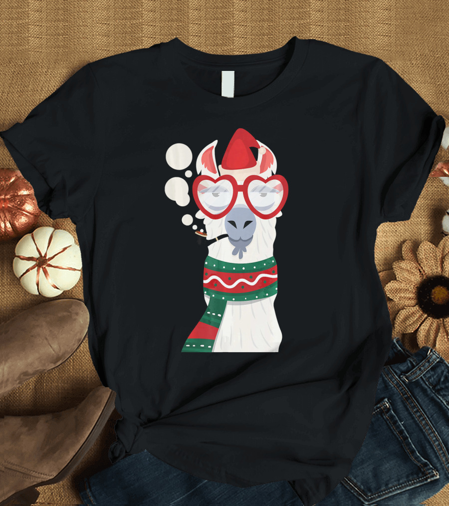 Llama Alpaca Santa Hat Smoking Christmas Glasses Scarf T-Shirt