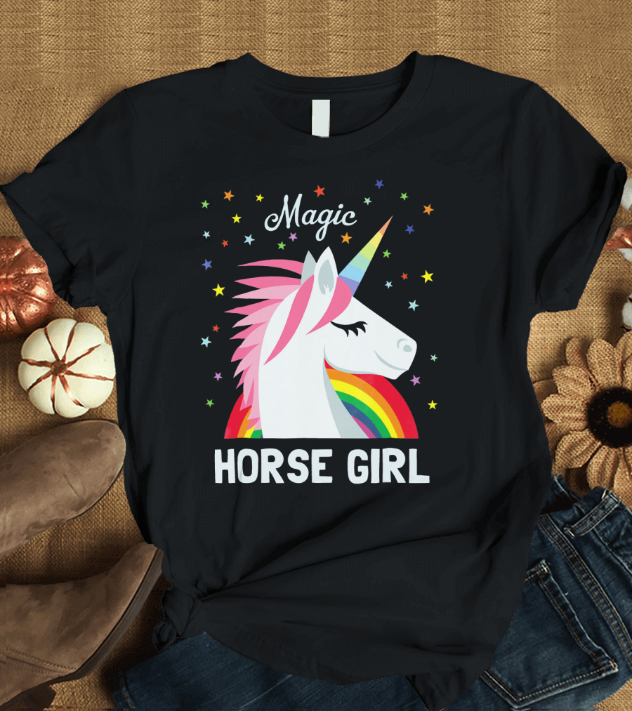 Magic Horse Girl Unicorn Rainbow Stars T-Shirt