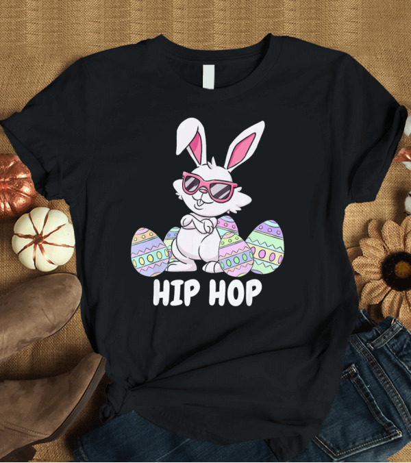 T-Shirt: Hip Hop Bunny Rabbit with Pink Sunglasses and Easter Eggs T-Shirt Hip Hop Bunny Rabbit with Pink Sunglasses and Easter Eggs T-Shirt