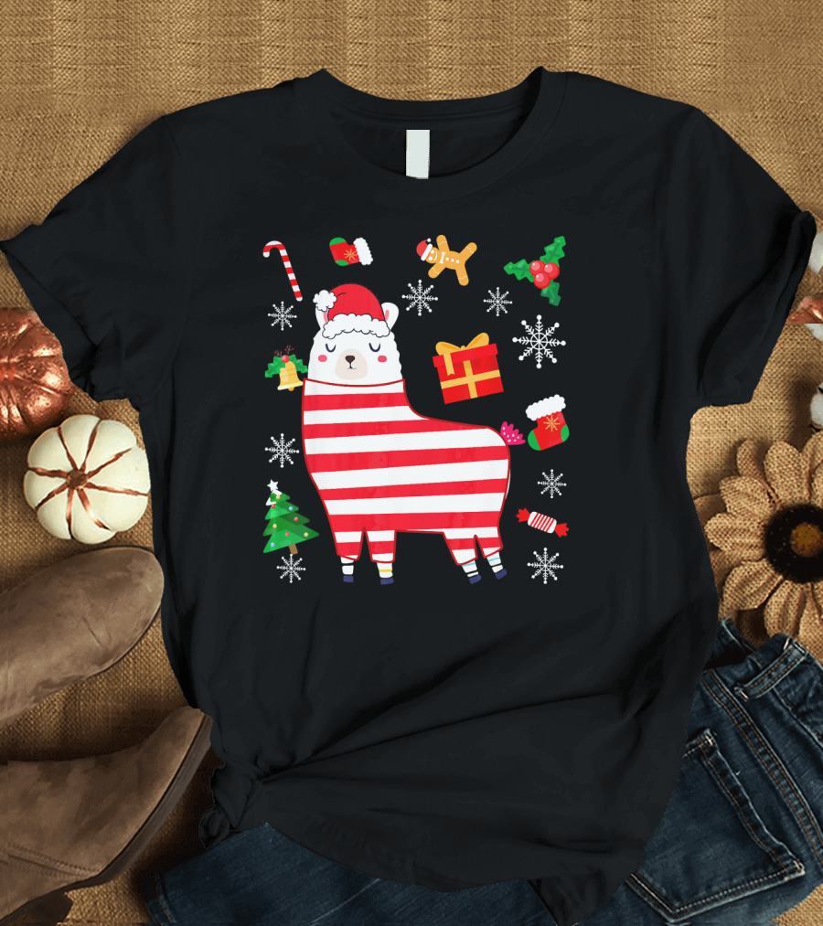 Llama Christmas Alpaca with Santa Hat and Candy Cane Xmas Cheer T-Shirt