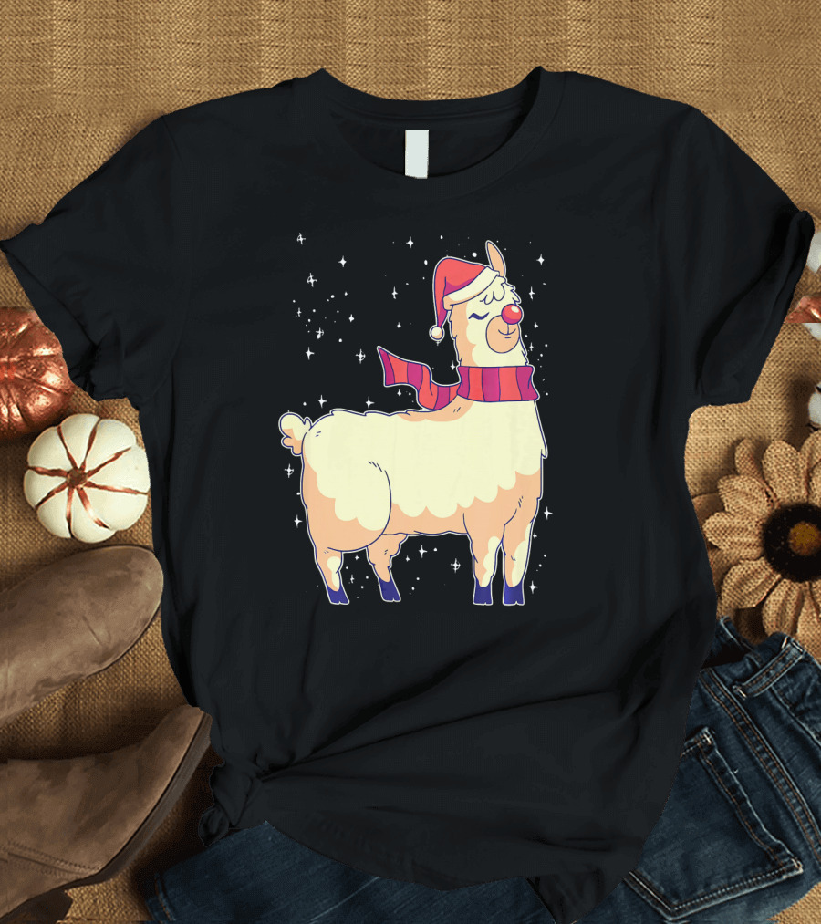 Llama Alpaca Christmas Reindeer Santa Hat Scarf Snowflakes T-Shirt