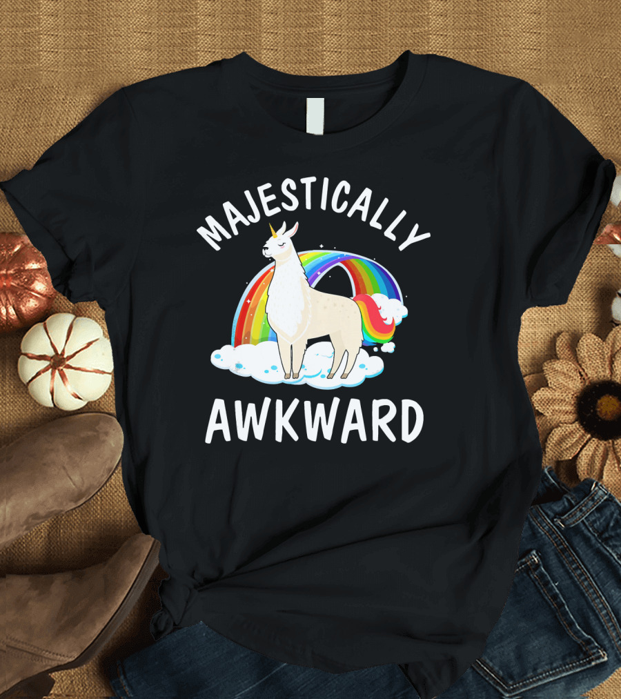 Majestically Awkward Llama Unicorn with Rainbow T-Shirt