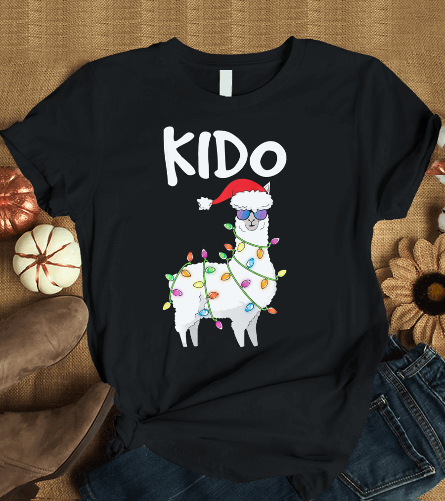 Kido Llama Alpaca in Santa Hat with Festive Lights T-Shirt