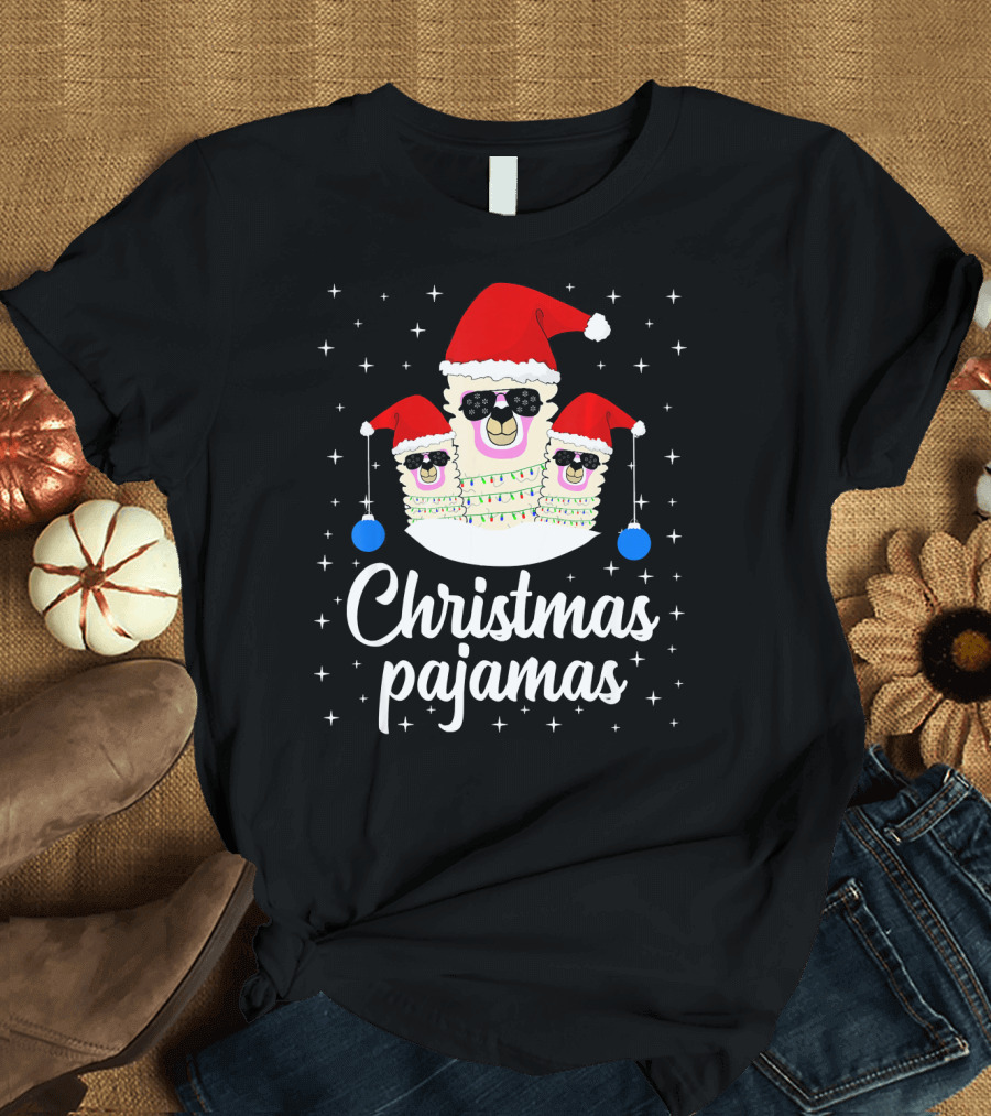 Llama Christmas Pajamas Funny Alpaca Mer Santa Hat Sunglasses T-Shirt