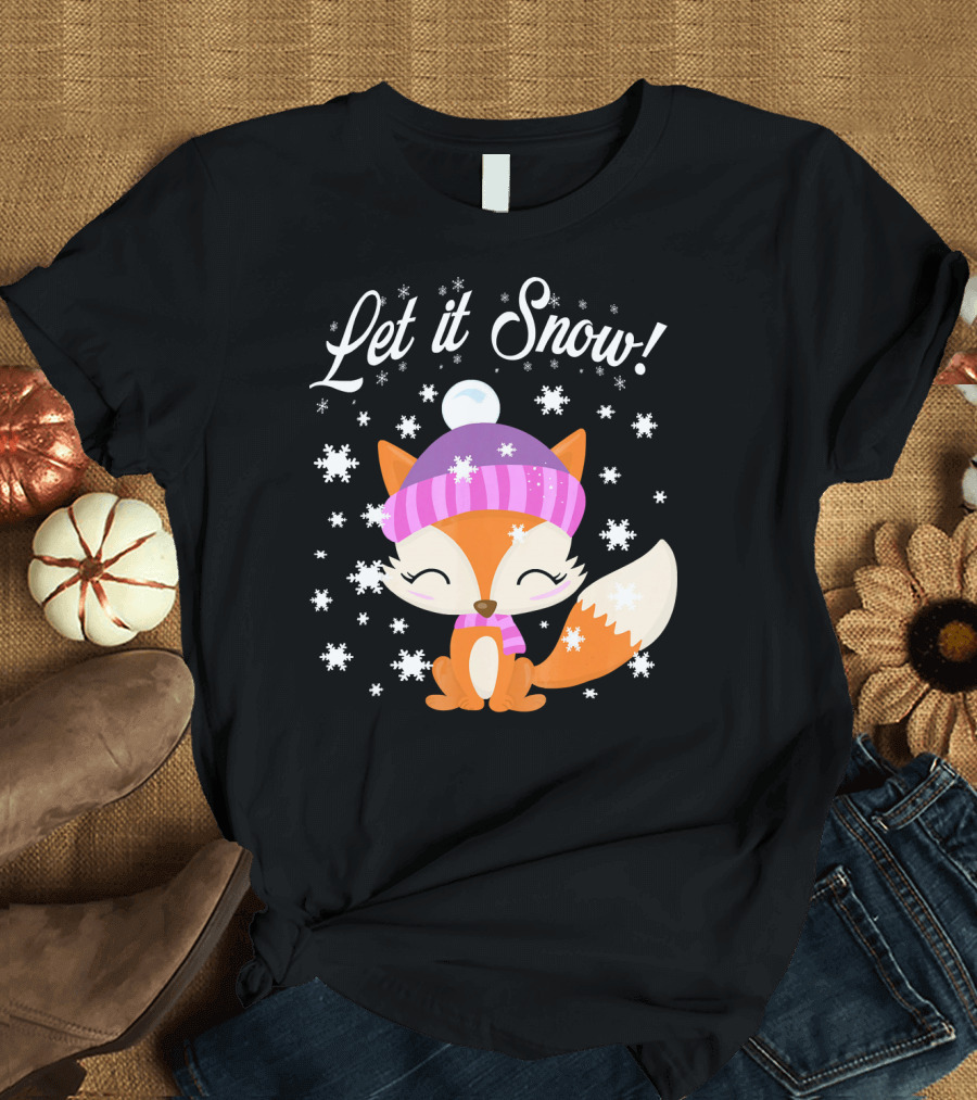 Let it Snow Cute Fox in Striped Hat with Winter Snowflakes T-Shirt