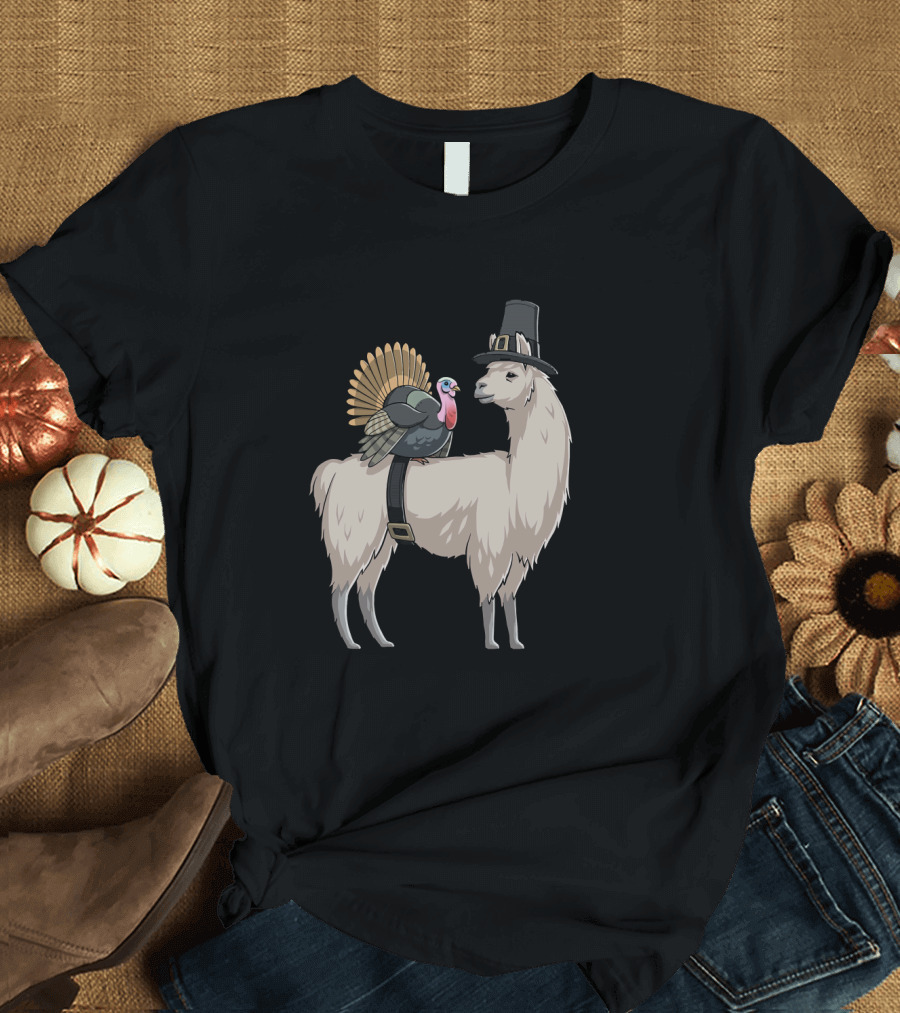 Llama Alpaca Thanksgiving Turkey Pilgrim Hat T-Shirt