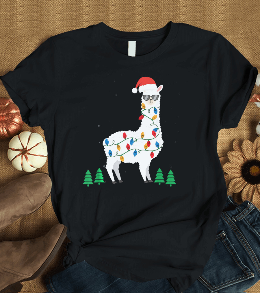 Llama Christmas Lights Santa Hat Alpaca with Sunglasses and Christmas Trees T-Shirt